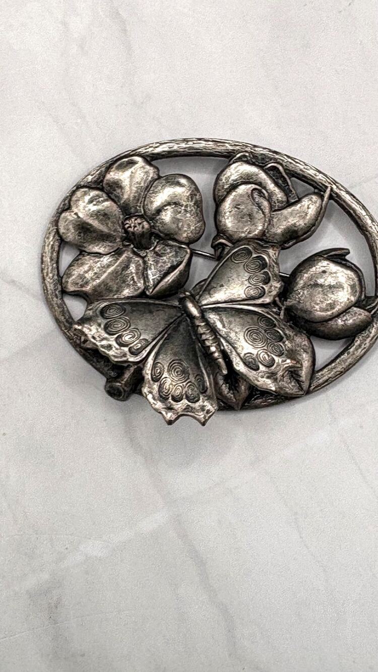Vintage Pewter Moving Butterfly Trembler Pin Quivering Spring Flower Brooch